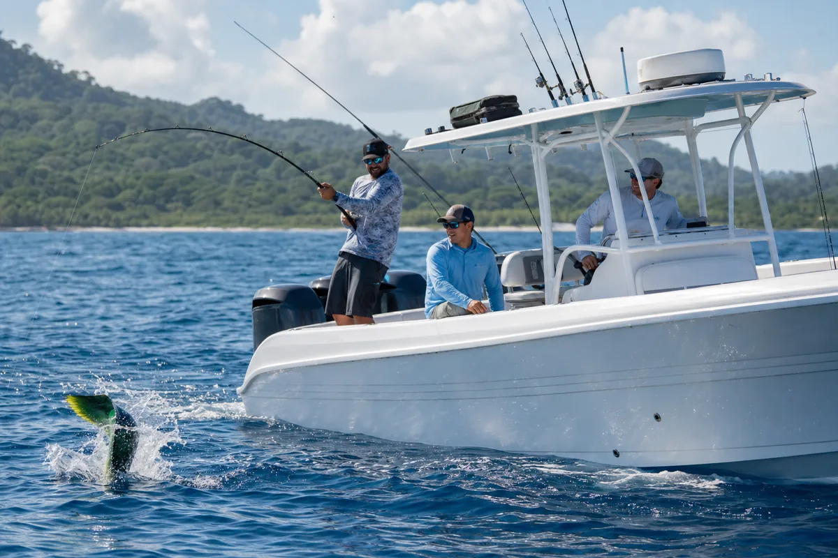 Sportfishing boat moving across tropical Pacific water